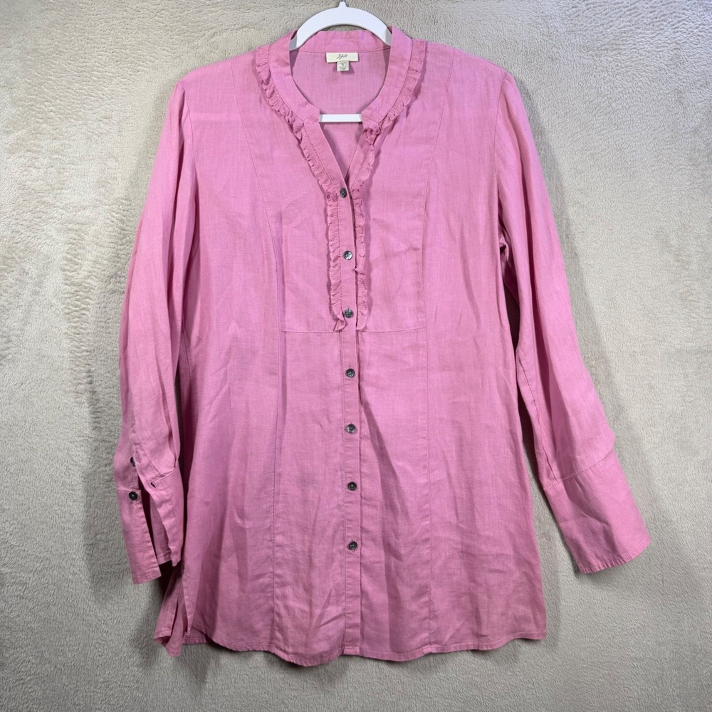 J.Jill Tunic Women Small Pink 100% Linen Ruffle Neck Button Down Shirt 5497
